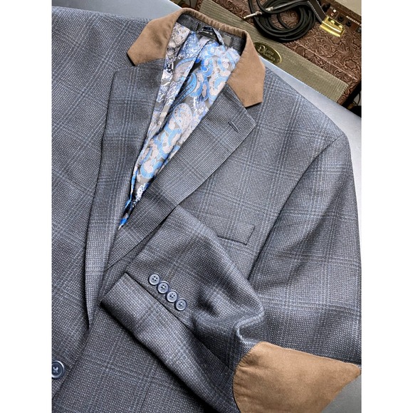 Van Heusen Studio Other - Van Heusen Studio 44R Blue Black Plaid Elbow Patch Blazer